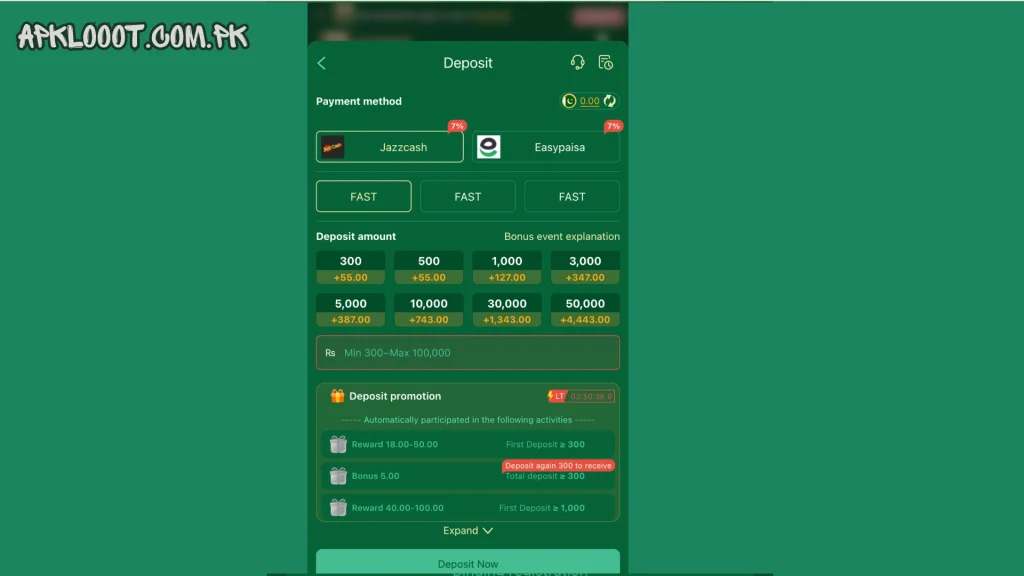 C222 Game deposit screen showing Easypaisa, JazzCash, deposit bonus offers, and secure payment options for Android users.
