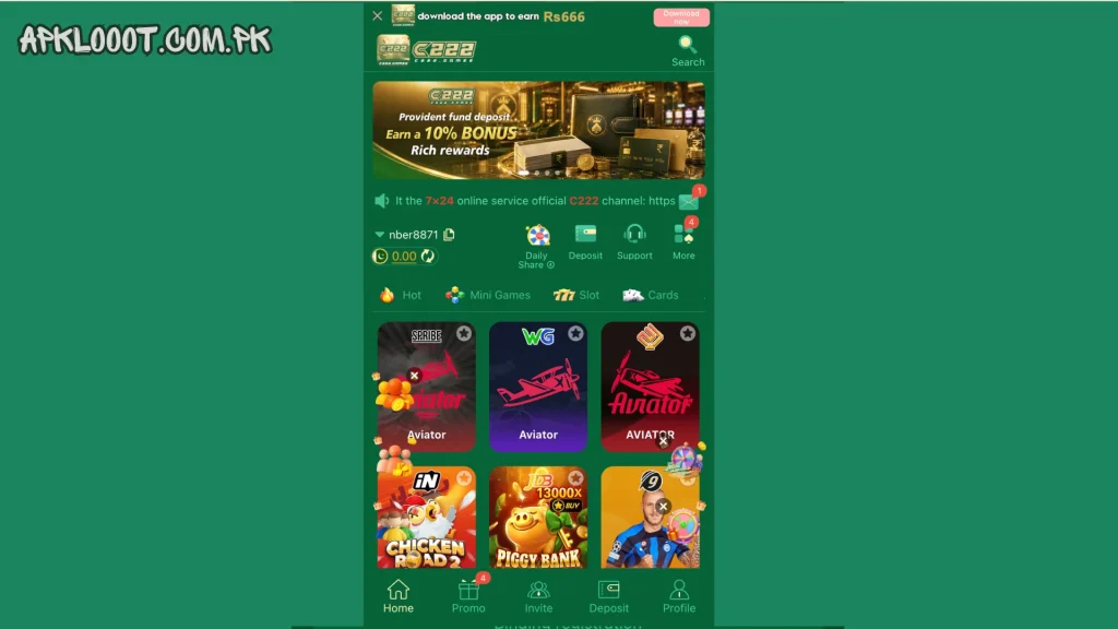 C222 Game Android home dashboard showing navigation menu, popular games, user wallet, promotions, and mobile interface.