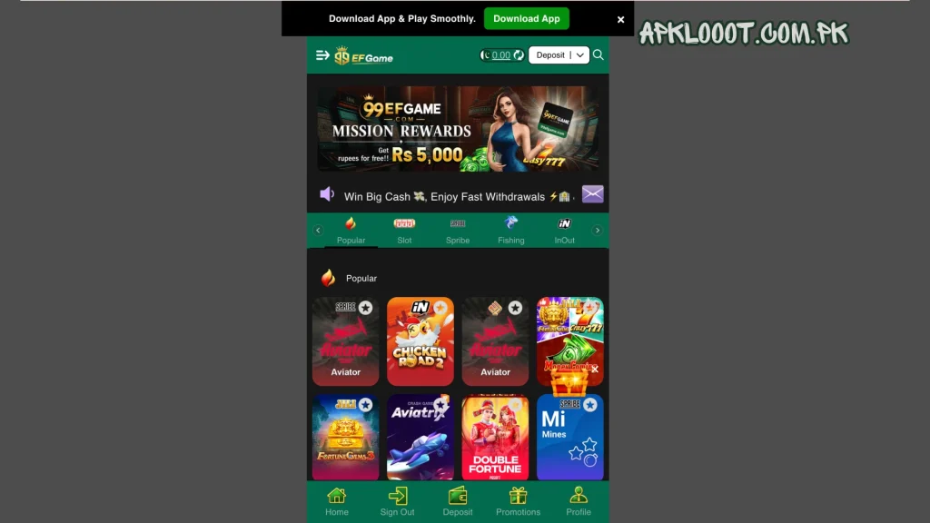 99EF Game home screen displaying popular games, categories, promotions, and navigation menu after login.